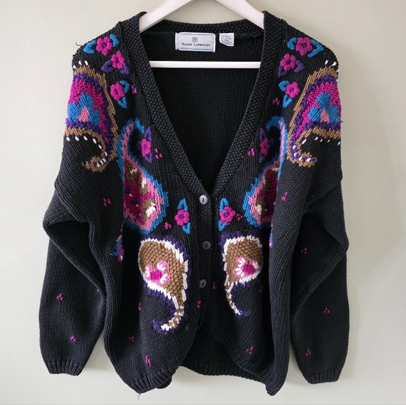 Maggie Lawrence Sweaters - Maggie Lawrence L 90s Cottagecore Eclectic Boho Paisley Intarsia Knit Cardigan